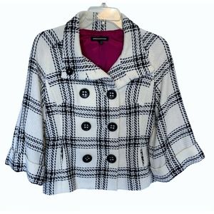 Express Design Studio Women's Size 2 Pea Coat ~ Cream & Black Plaid Wool